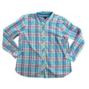 2/$18 SALE!‎ TALBOTS Button Up Shirt Womens XLP Preppy Blue Plaid Cotton Casual